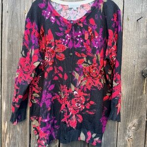 Joseph A. Floral Sequin Embellished Cardigan Sweater Black Red Purple XL